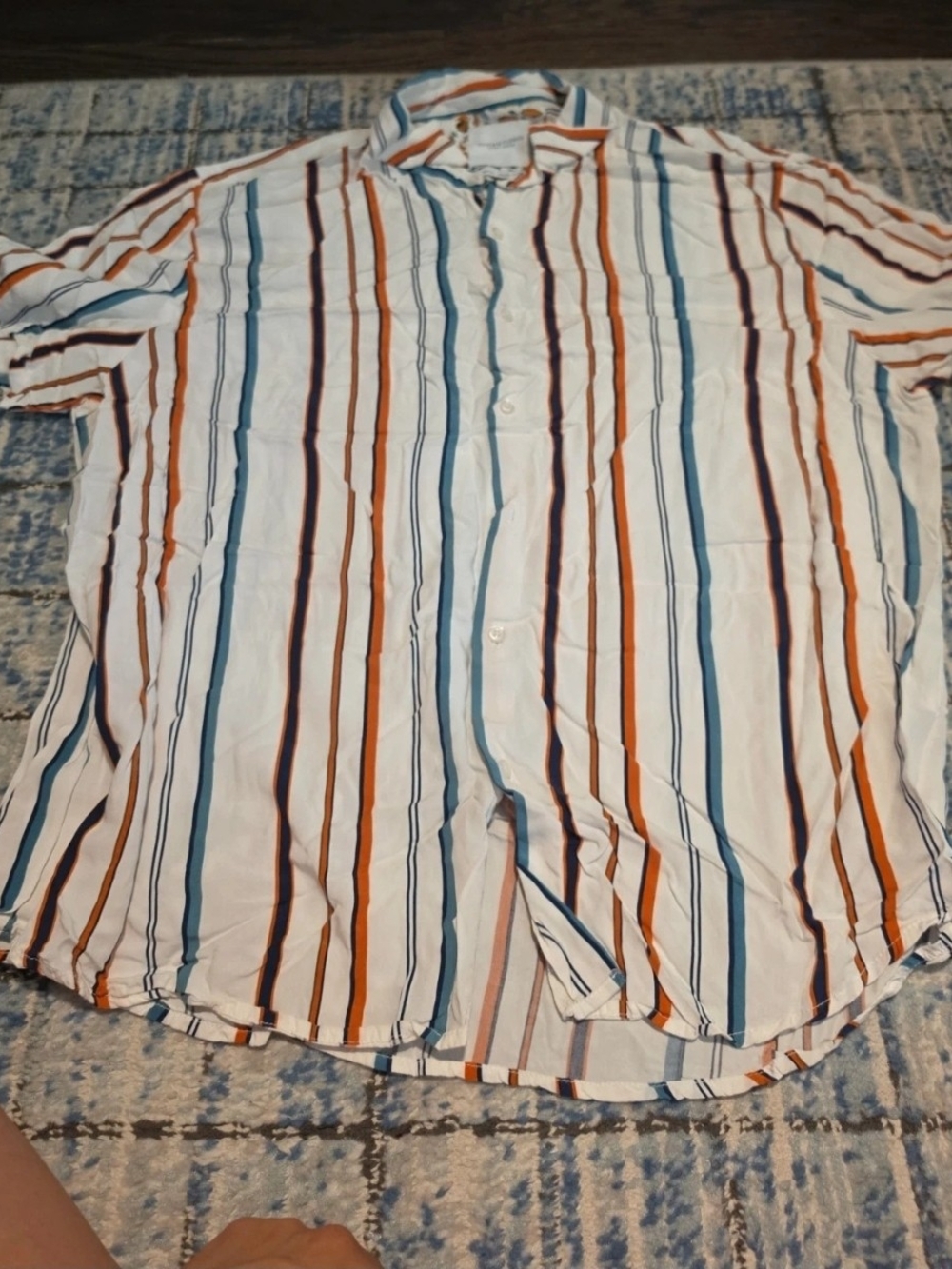 Denim & Flower White Button-Down Shirt with Blue, Orange and Brown Stripes